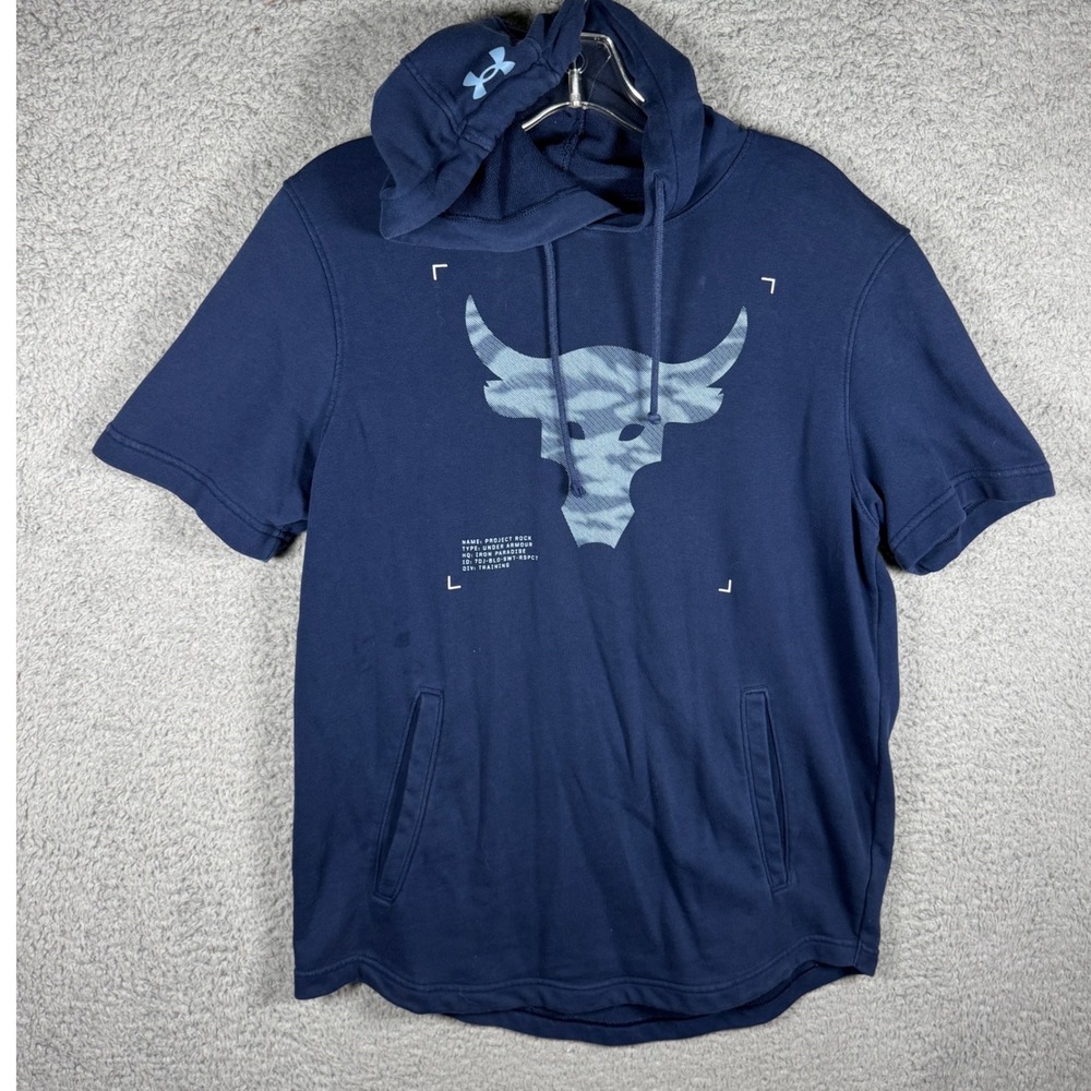 Under Armour Mens Project Rock Short Sleeve Hoodie Navy Blue Brahma Bull MD